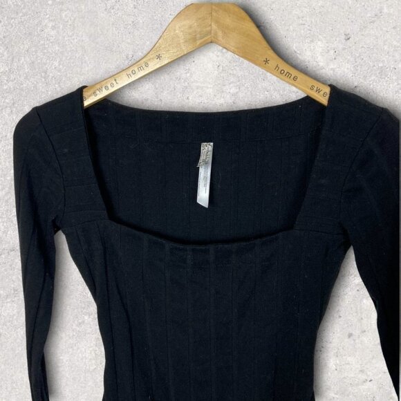 Free People Black Square Neck Ribbed Knit Bodysuit Revolve Size XS Beside Me Rib - Picture 4 of 14